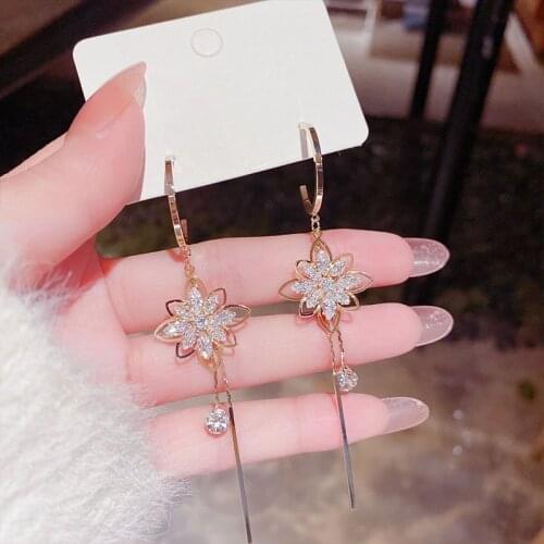 Korean fashion zircon flower tassel earrings round face look thin temperament long earrings