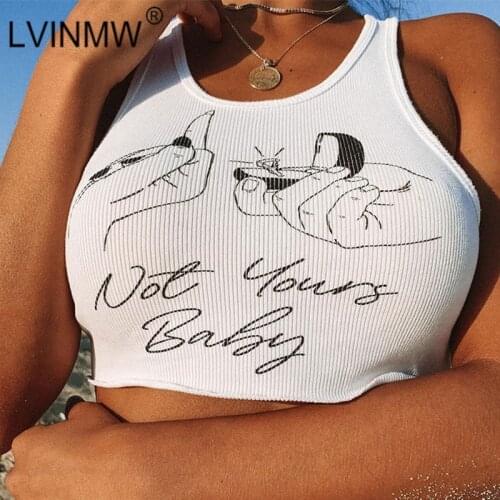 LVINMW Letter Print White Square Collar Sleeveless Tank Tops Women Slim Basic Simple Casual Stretchy Crop Top Rib Skinny Clothes