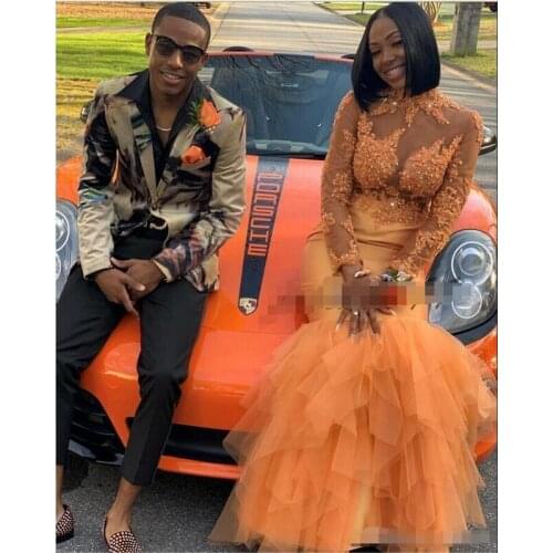 New 2020 African Orange Mermaid Prom Dresses Ruched Skirts Appliques Sheer Long Sleeves Plunging High Neck Evening Gowns Recepti