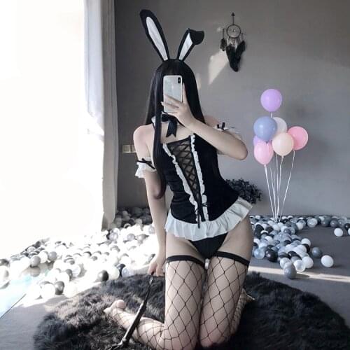 Porno Costume Set Sexy Three-Point One-Piece Bodysuit Women Lingerie Ruffled Straps Crossed Hollow Uniform Bunny Girl Role Play