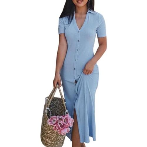 Sexy Slim Dress Women Blue Club Party Dress V Neck Split Hem Button Short Dresses Female Elegant Streetwear Shirt Vestidos 2021