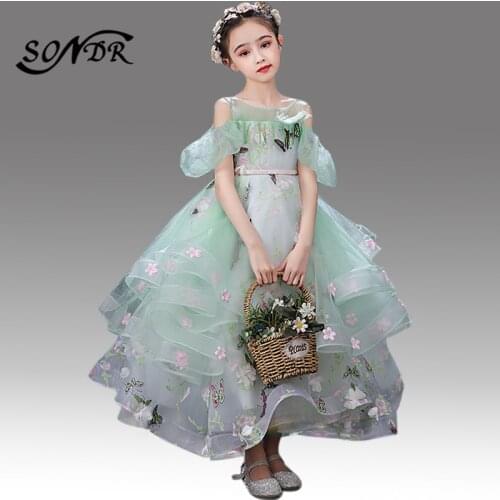 Butterfly Pattern Flower Girl Dresses HT107 Ruched Tiered Kids Party Dress Appliques Beading Princess Ball Gowns Pageant Gown