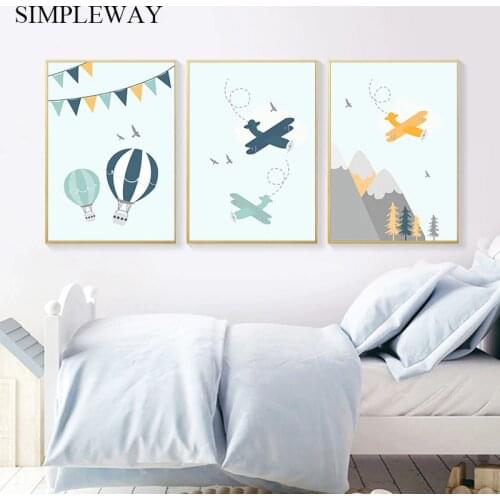 Adventure Quote Nursery Child Poster Cartoon Mountain Airplane Print Wall Art Canvas Painting Nordic Kid Room Decoration Picture