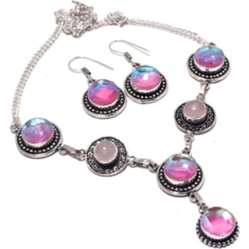 Rainbow Topas,Rose Quarts Necklace + Earings Silver Overlay over Copper , 46.7 cm, N4393