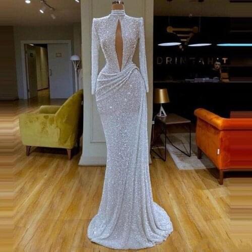 Sexy Keyhole Prom Dresses Mermaid robe de bal High Neck Long Sleeve Pleated Evening Formal Dress Sequins Party Gowns White