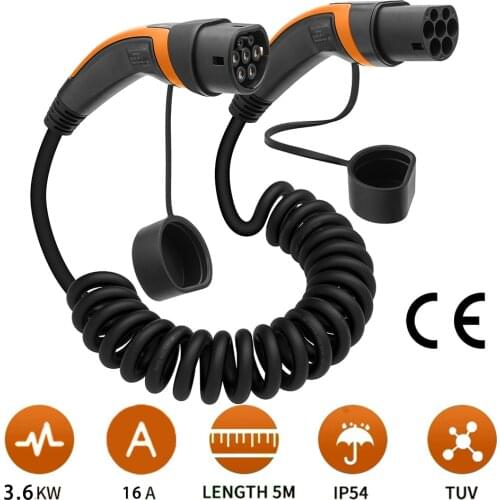 5M EVSE Wallbox 3.6KW 16A 1Phase EV Charging Spiral Cable Type 2 To Type 2 EV Coiled Cables For Electric Vehicle Car Charger