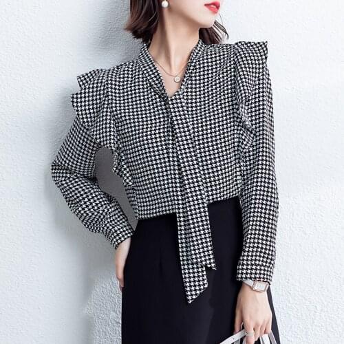 Oversized Shirt Autumn New Fashion Houndstooth Long Sleeve Chiffon Shirt Womens Blouses Lace Ruffled Top Blusas