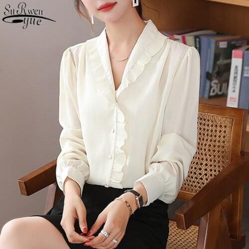 Fashion Office Blouse Vintage Puff Long Sleeve Chiffon Blouse Women 2021 Autumn Ruffle Pleated V-neck White Shirt Cardigan 11592