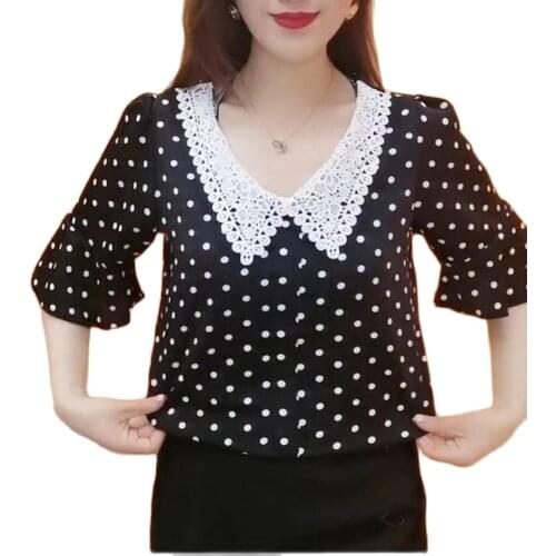 Women Spring Summer Style Chiffon Blouses Tops Lady Casual Short Flare Sleeve Peter Pan Collar Polka Dot Blusas Tops SP1385