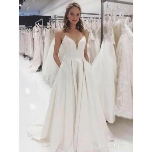Retro A-Line V-Neck Long Satin Wedding Dresses with Pockets Spaghetti Zipper Back Sweep Train Bridal Gowns for Women Custom Made