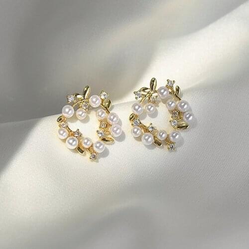 Korea Chic Needle Cute Wreath Rhinestone Pearl Small Stud Earrings for Women Girl Party Gifts Bijoux