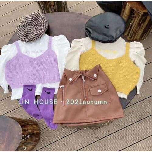 2021 Korea style girls 2 pcs set puff sleeve t-shirt+knitted vest fashion autumn girls suit 4-9t B719
