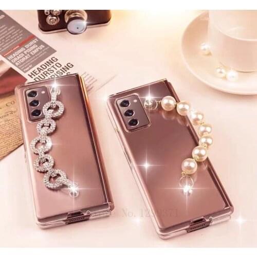 Girl Fashion Transparent Case For Samsung Galaxy Z FOLD 2 3 W21 5G Bling Crystal Pearl Diamond Bracelet Hand Chain Case Cover