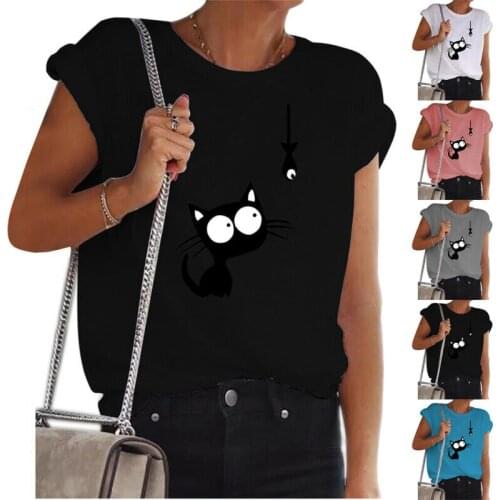 Women Casual Cat & Fish Printed Top Ladies Summer Baggy Tunic T-Shirt Blouse