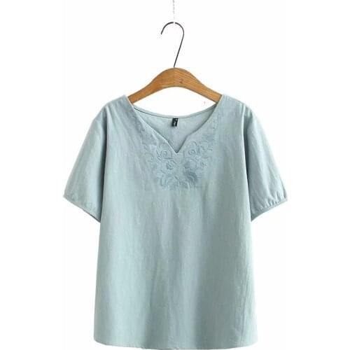 Plus Size XL-4XL V-neck Summer Tops Womens Embroidery Cotton Tshirts Short Sleeve Vintage Tshirt