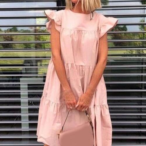 Female Dress Casual Round Neck Short Sleeve Solid Color Loose Wear-resistant Comfortable Midi Dress Woman Summer 2021
