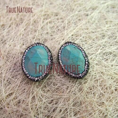 10Pcs Teal White Turquoises Loose Beads White Mineral Black Rhinestone Pave Faceted Oval Shape Loose Beads 29x22mm BE448