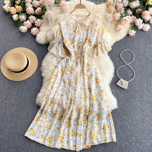 2021 summer chiffon dress female new mesh ruffled slim mid-length floral skirt