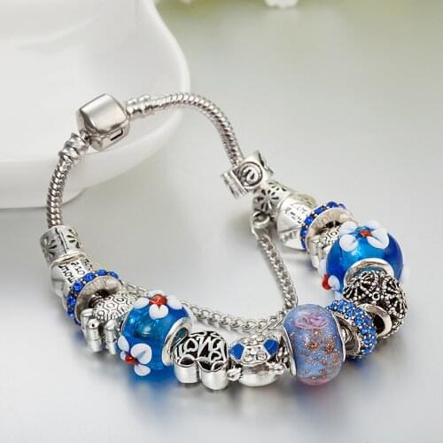ANNAPAER Tortoise Flower Beads Bracelets Bangles DIY Blue Crystal Charm Bracelets Antique Fit Original Bracelets Pulsera B16104
