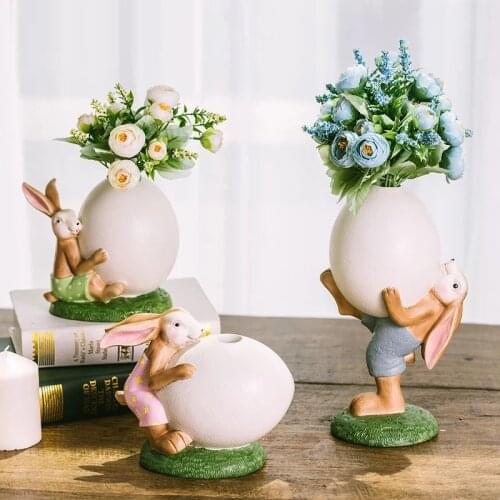 2PCS/SET NORDIC STYLE CUTE RABBIT FIGURINE HOME DECORATION ANIMALS BUNNY FLOWER VASE RESIN ART&CRAFT WEDDING DECORATION R1972
