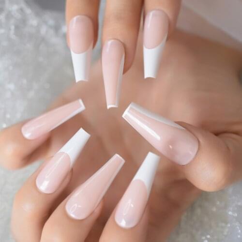 Glossy UV Gel False Nails Press On Artificial Fingernails Tapered White Line Design Fake Manicure Nail Art Tips