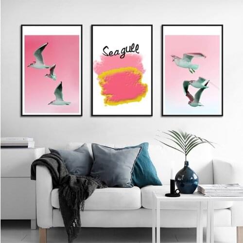 Nordic Style Pink Lanscape Pictures Seagull Flying On The Sky Canvas Painting Posters Living Room Home Decoration Wall Art Photo