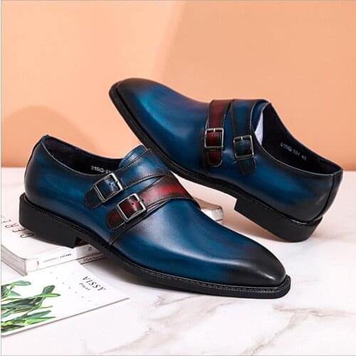 Size 37 46 Sipriks Double Monk Strap Men Shoes Blue Calf Leather Casual Shoes Blue Red Classic Wedding Party Formal Shoes