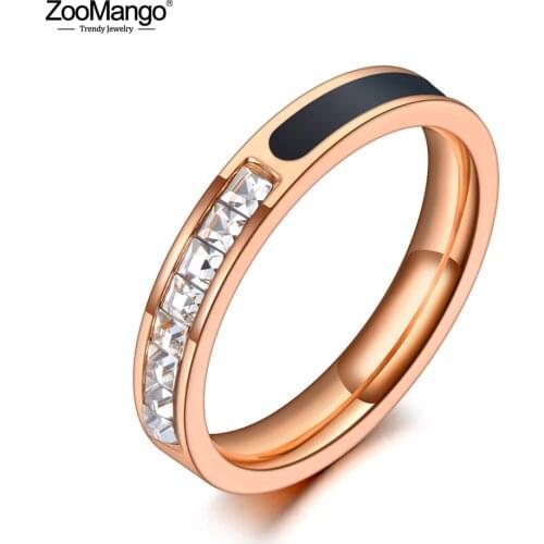 ZooMango Кольцо Женское Trendy CZ Crystal Wedding Rings Jewelry Stainless Steel Rose Gold Black Acrylic Ring For Women ZR20046