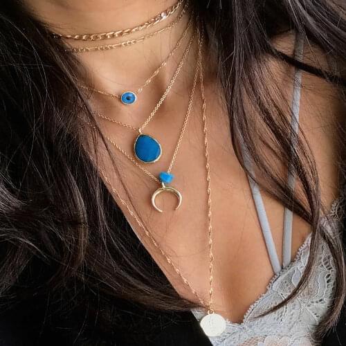 Fashion Blue Water Drop Eyes Cube Horn Pendant Necklaces For Women 2020 Vintage New Female Necklace Jewelry Gift Wholesale