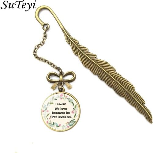 We Love Because He First Loved Us Round Glass Bookmark Charms Women Men Bible Verse Pendants Book Marks Christmas Gift