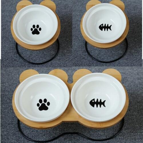 New Cartoon High-end Pet Bowl Bamboo Shelf Ceramic Feeding and Drinking Bowls for Dogs Cats Pet Feeder Accessories Pets Products