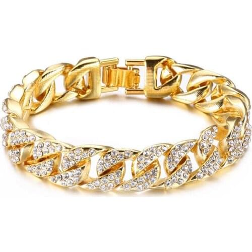 Wholesale Jewelry -- (22 cm x 14 mm) 316L titanium steel Gold Color Heavey Full Crystals Bracelets Jewelry For Men No Fade