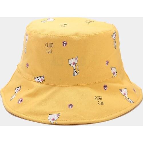 Lovely Cat Bucket Hat Reversible Fisherman Hat Harajuku Cartoon Animal Outdoor Panama New Fashion for Women Girl
