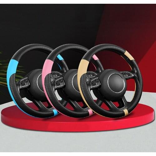 Stitching solid color leather steering wheel cover car square four seasons fashion round breathable grip cover