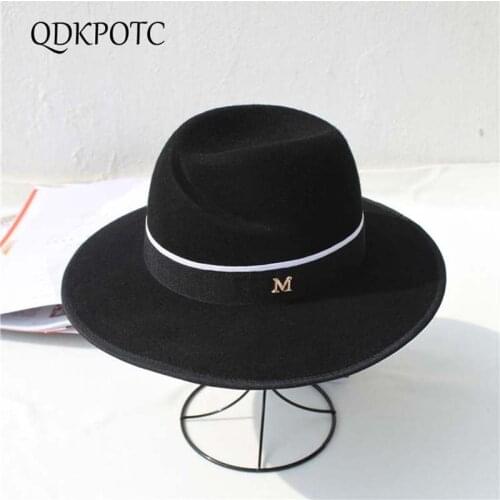 QDKPOTC Autumn Winter Wide Brim Fedoras Men Women Vintage Jazz Hats Cap Fashion Wool Felt Hat Unisex Black Felt Bowler Trilby