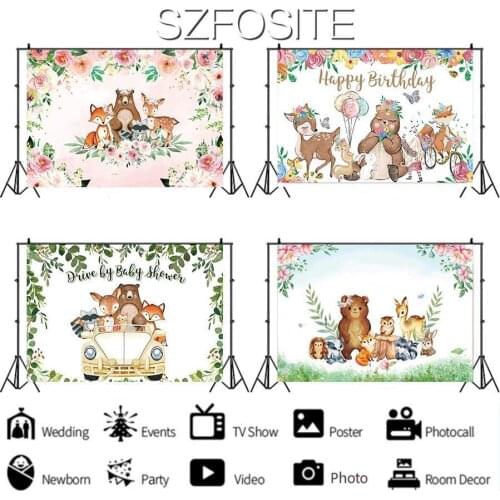 Cartoon Flowers Lion Elephant Bear Animal Backdrop Baby Birthday Party Decoration Photography Photo Kids Custom Vinyl Background