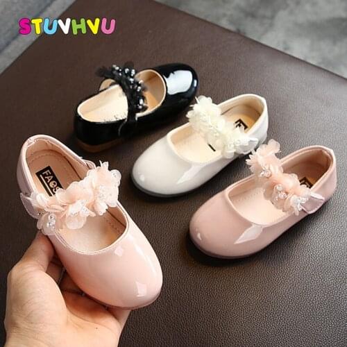 Kids Shoes for Girl Patent Leather Princess Party Dance Shoes Rhinestone Flowers Girls Shoes Children Flats Black Pink White