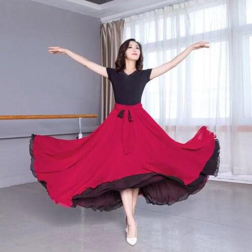 Womens Dancer Practice Long Skirts Chiffon 540 Degree Pendulum Dance Skirt with Tie Waist F&A
