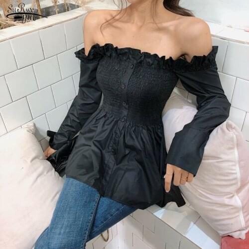 Spring Solid Color Pleated Button Sexy Off Shoulder Blouse Women Retro Hong Kong-style Ruffled Strapless Shirt Black Tops 13303