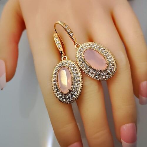 Luxury Pink Cubic Zirconia Wedding Earrings for Women Bridal Jewelry Fine Gold Color Crystal Oval Stone Earrings
