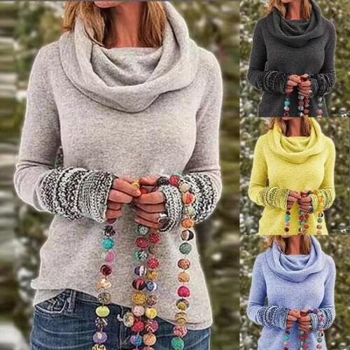 Retro scarf collar womens sweater long-sleeved solid color autumn /winter outdoor warm sweater cheap wholesale woman sweaters