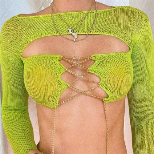 Ribber Knitted Slash Neck Crop Top Women Hollow Out Sexy Long Sleeve Pullover Skinny Autumn Slim Tee Lace Up Female Pullovers