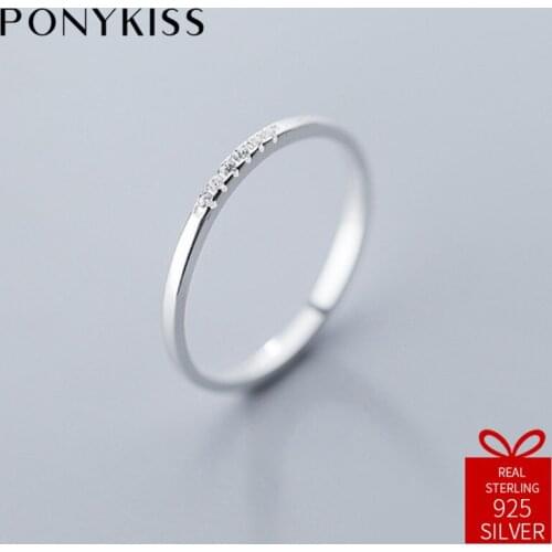 PONYKISS Trendy 100% 925 Sterling Silver Simple Zircon Resizable Opening Geometric Ring Women Party Delicate Accessory Fine Gift