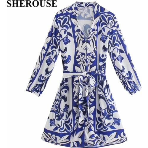 SHEROUSE Women Blue Floral Printed Shirt Dress with Sashes Vintage Long Sleeves Lapel V-neck Chic Lady Woman Mini Short Dresses