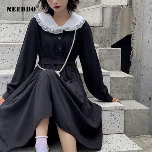 NEDBO Dress Women Full Sleeve Harajuku Gothic Kawaii Lolita Dress Vintage Japan Sweet Peter pan Collar Streetwear Long Vestidos