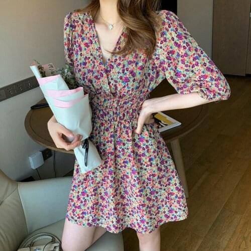 Dress Women V-neck Summer Chiffon Flower Print Romantic Beach Wear Korean Style Dresses French Elegant Sexy Ladies Draped Casual