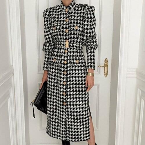 2021 Winter Over Knee Style Stand Collar Long-sleeved Panelled Plaid Straight Minimalist Woolen Overcoat With Belt