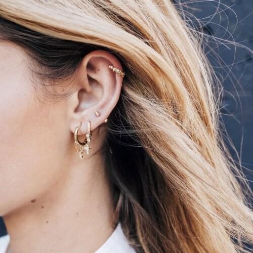 100% 925 Sterling Silver Minimal Delicate DIY Huggies Hoop Earring For Women Gold Color Cross Star Moon CZ Charm Huggie Earrings