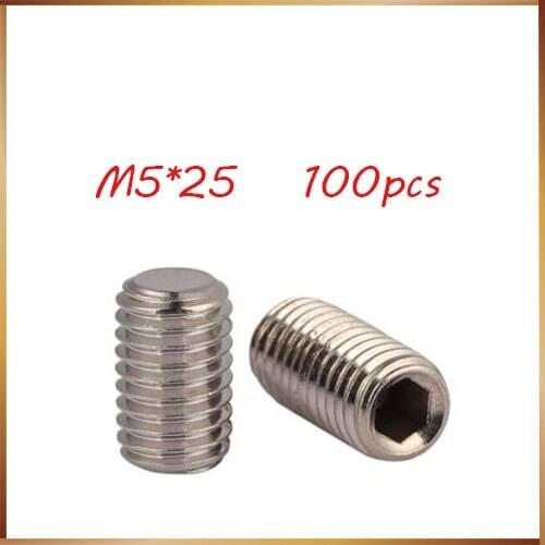 100Pcs DIN913 M5*25mm 304 Stainless Steel Metric Thread Grub Screws Flat Point Hexagon Socket Set Screws Headless M5x25 mm