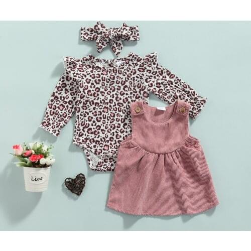 3Pcs Cute Baby Girls Outfits Autumn Leopard Print Fly Long Sleeve Round Collar Romper+Corduroy Skirt+Headwear Little Girls Set